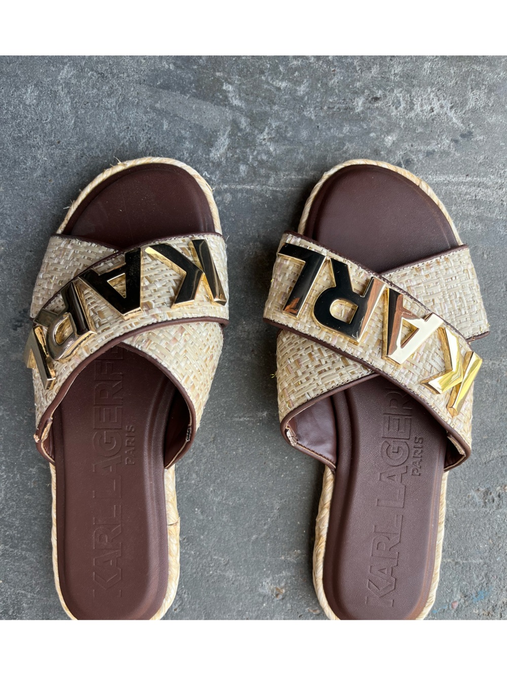 Karl Lagerfeld Beige Woven Cross-Strap Slide Sandals with Gold Logo